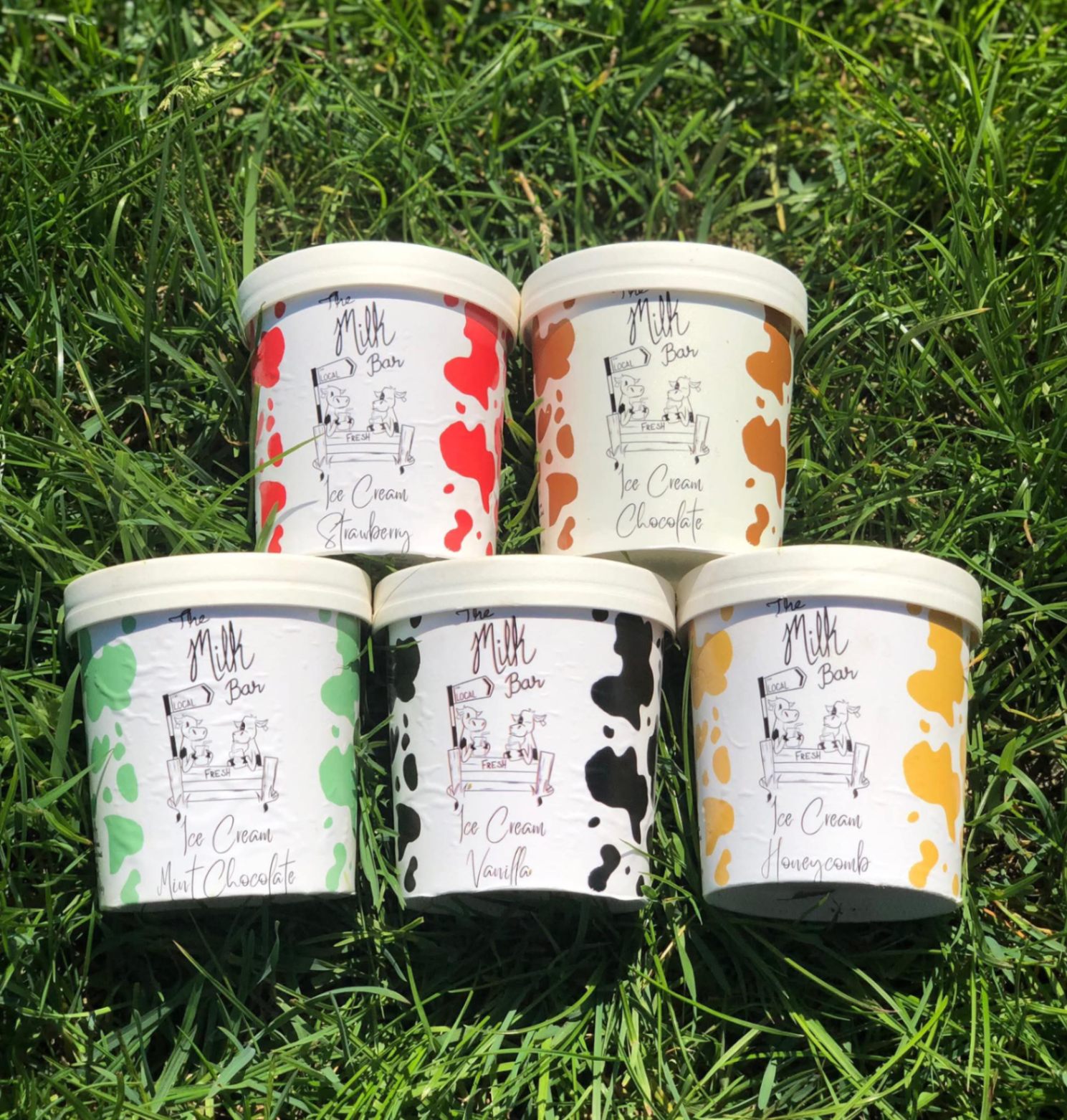 The Milk Bar homemade ice cream tubs arranged on fresh grass
