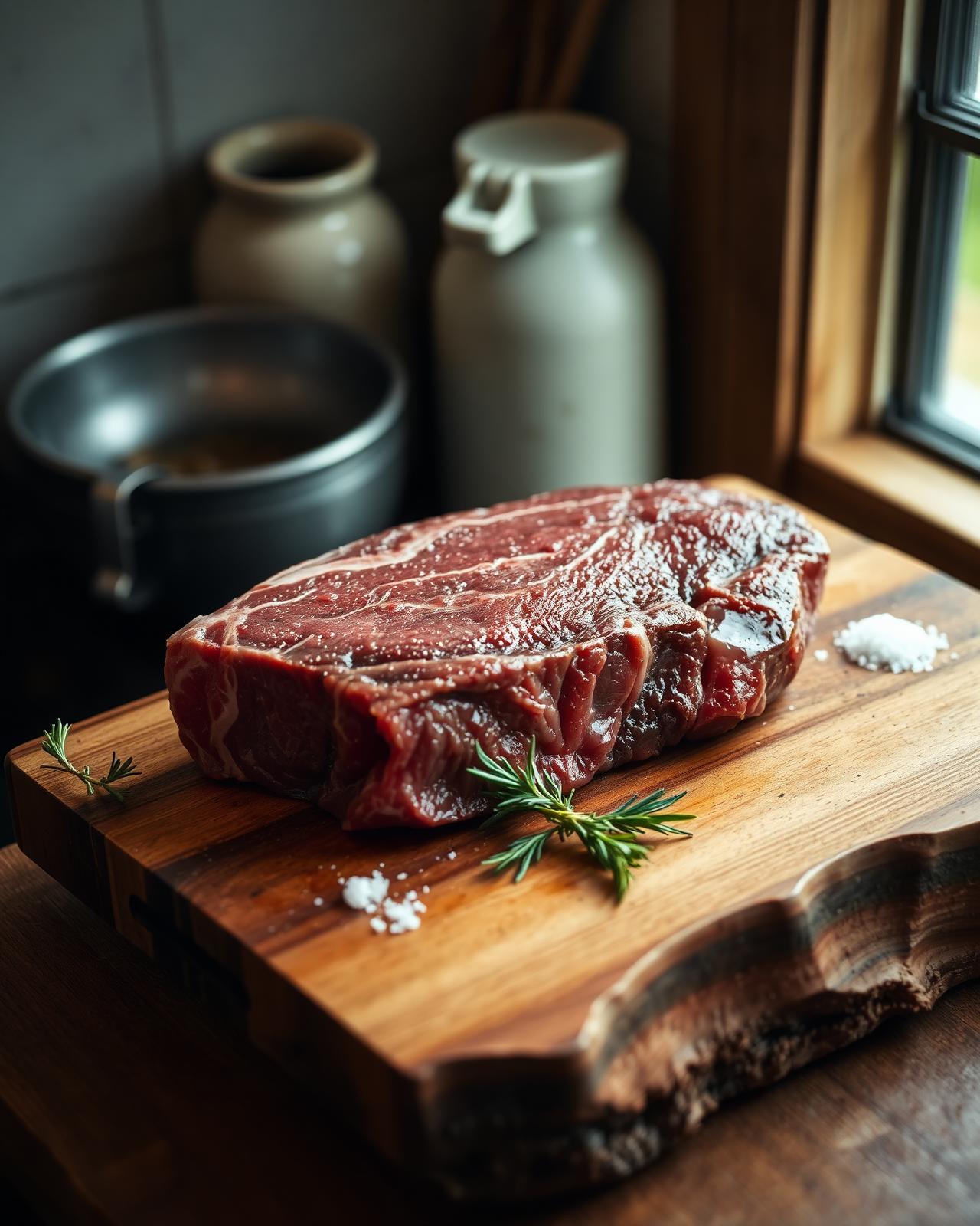 Raw grass-fed beef steak on a rustic wooden cutting board