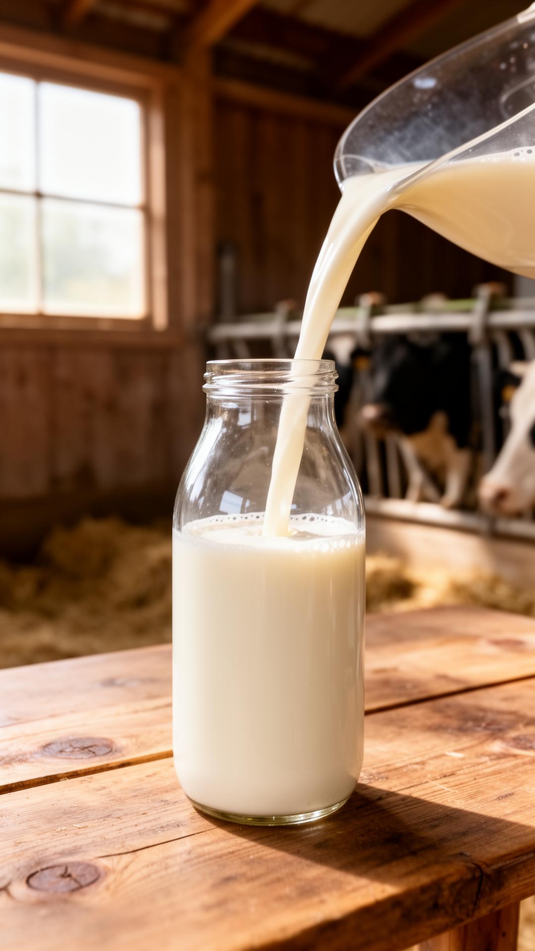 Fresh milk being poured into a glass bottle